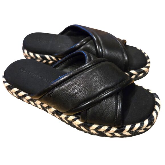 Tory Burch Black Leather Cross Espadrille Slide Sandals Womens Size 6 Logo Beach - Picture 1 of 10